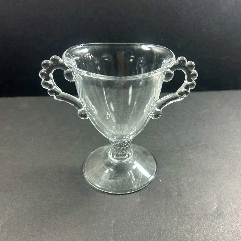 Sugar Bowl Clear Booped Handle Pedestal Glass Vintage 5in